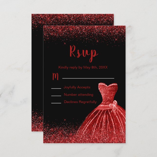 Tarjeta De Confirmación De Asistencia Bright Red Dress Faux Glitter Quinceanera (Anverso / Reverso)