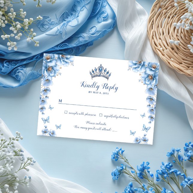 Tarjeta De Confirmación De Asistencia Brillante Floral Dusty Azul Princesa Quinceañera (Subido por el creador)
