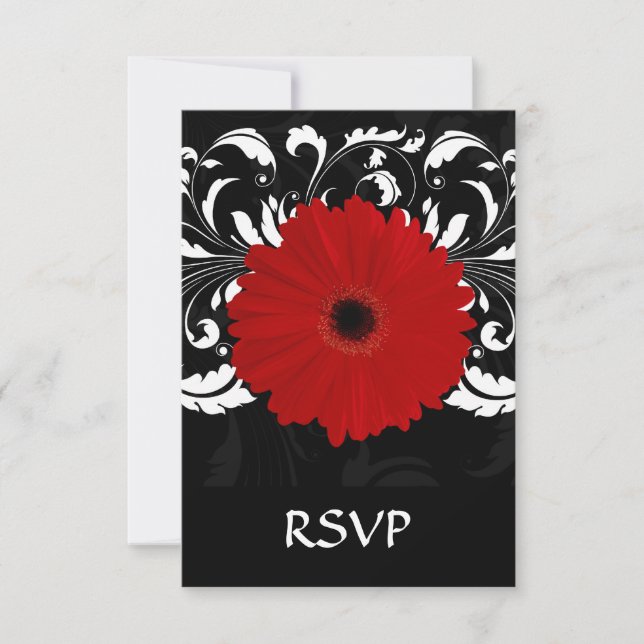 Tarjeta De Confirmación De Asistencia Brillante Red Gerbera Daisy sobre negro (Anverso)