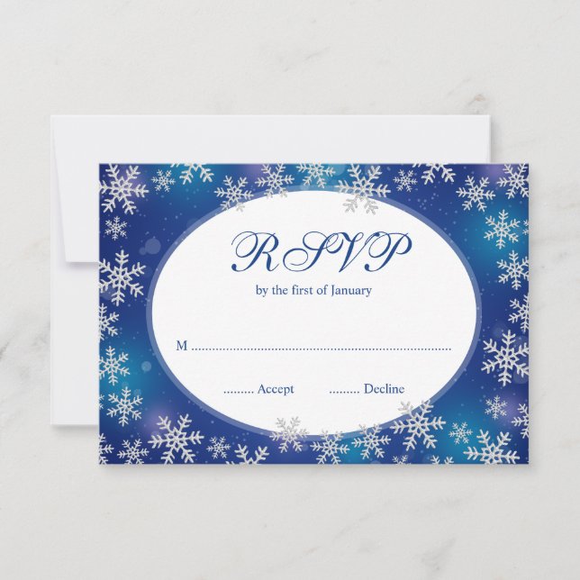 Tarjeta De Confirmación De Asistencia Brillantes copos de nieve azul blanco invierno RSV (Anverso)