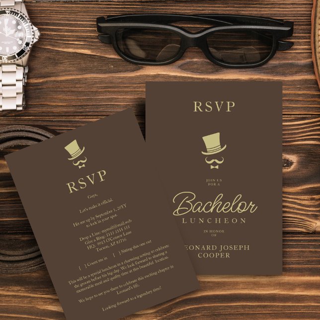 Tarjeta De Confirmación De Asistencia Brown Gold Chic Funny Gentleman Bachelor Luncheon (Brown & Fake Gold Chic Funny Gentleman Bachelor Luncheon RSVP Card.)