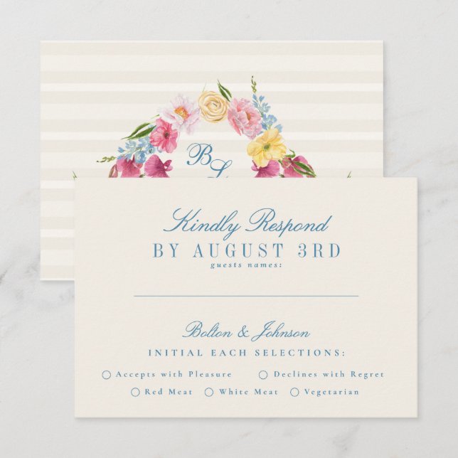 Tarjeta De Confirmación De Asistencia Buquete floral de monograma azul francés (Anverso / Reverso)