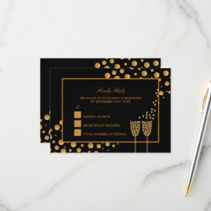 Tarjeta De Confirmación De Asistencia Burbujas de champán de oro - Negro y oro - Boda