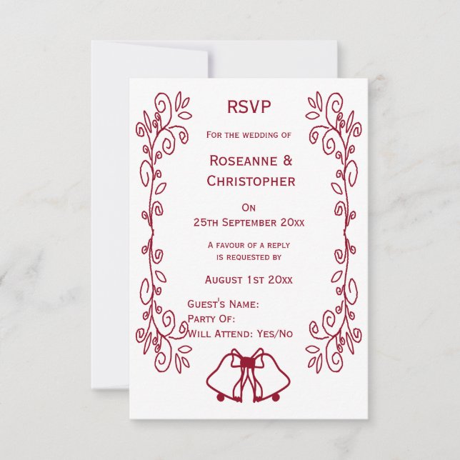Tarjeta De Confirmación De Asistencia Burgundy Bells Scrollwork Boda de diseño (Anverso)