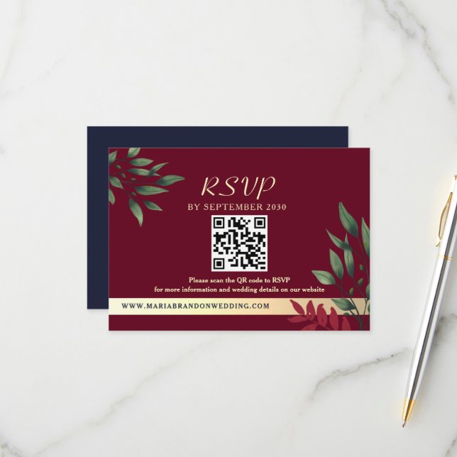 Tarjeta De Confirmación De Asistencia Burgundy Código QR Boda Caída (Anverso/Reverso In Situ)