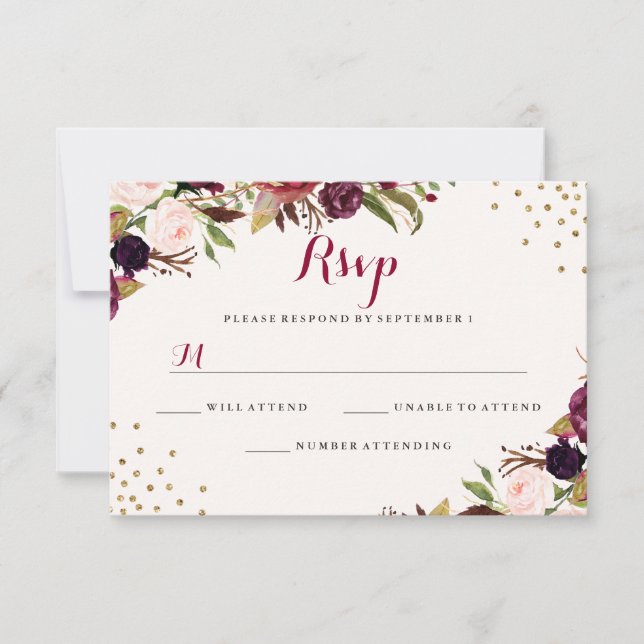 Tarjeta De Confirmación De Asistencia Burgundy Confetti Boda Floral (Anverso)