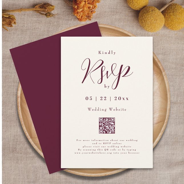 Tarjeta De Confirmación De Asistencia Burgundy Cream Elegant Script QR Code Boda (Burgundy and cream ivory elegant script qr code wedding rsvp card)