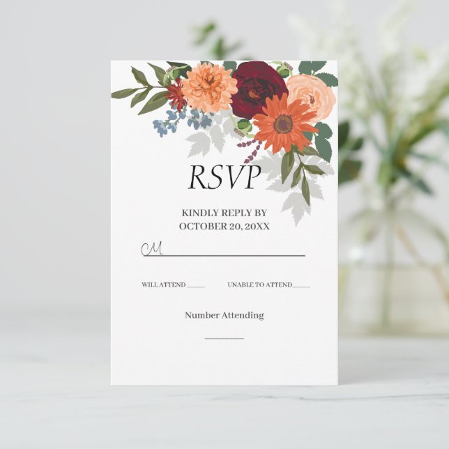 Tarjeta De Confirmación De Asistencia Burgundy Fall Garden Boda Floral (Anverso de pie)