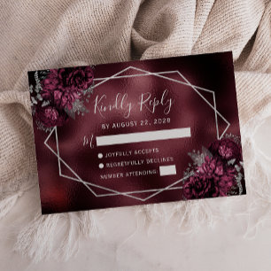 Tarjeta De Confirmación De Asistencia Burgundy Faux Relieve metalizado Plata Marco Flora