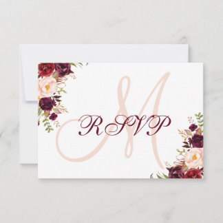 Tarjeta De Confirmación De Asistencia Burgundy Floral Elegante Boda de Monograma Rubor