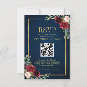 Tarjeta De Confirmación De Asistencia Burgundy Floral Gold Frame Navy código QR azul RSV