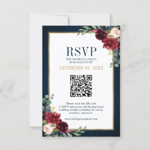 Tarjeta De Confirmación De Asistencia Burgundy Floral Gold Frame Navy código QR azul RSV