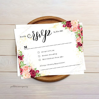 Tarjeta De Confirmación De Asistencia Burgundy Floral Gold Polygonal Geometric Wedding