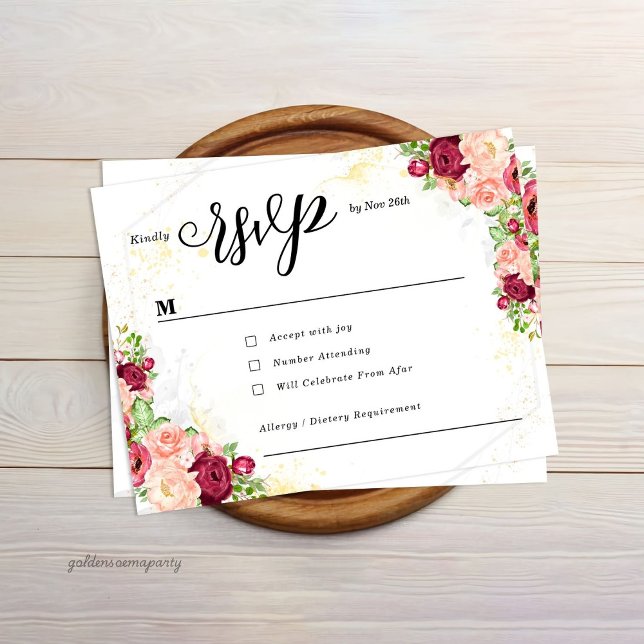 Tarjeta De Confirmación De Asistencia Burgundy Floral Gold Polygonal Geometric Wedding (Burgundy Floral Gold Polygonal Geometric Wedding RSVP card)