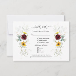 Tarjeta De Confirmación De Asistencia Burgundy Floral Sunflowers Airy Leaves Wedding   