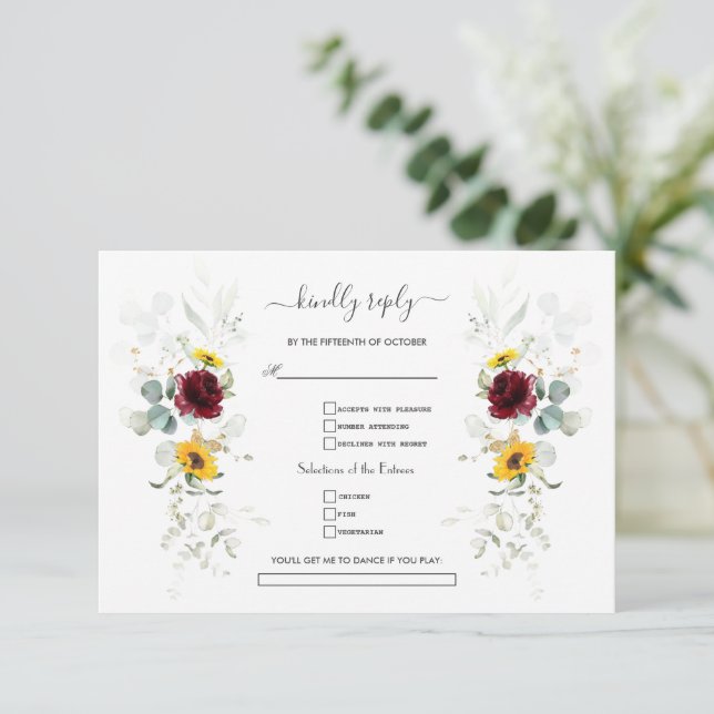 Tarjeta De Confirmación De Asistencia Burgundy Floral Sunflowers Airy Leaves Wedding    (Anverso de pie)
