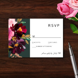 Tarjeta De Confirmación De Asistencia Burgundy Forest Green Rubor Floral Watercolor