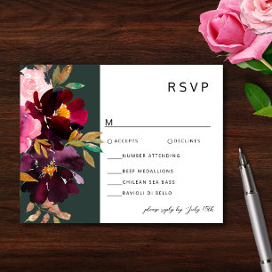 Tarjeta De Confirmación De Asistencia Burgundy Forest Green Rubor Floral Watercolor