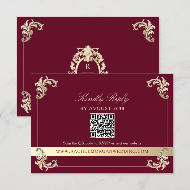 Tarjeta De Confirmación De Asistencia Burgundy Gold Baroque QR Code Wedding (Anverso / Reverso)