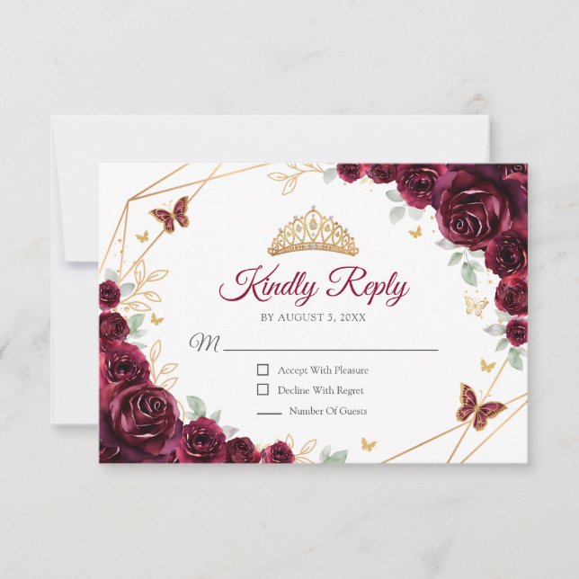 Tarjeta De Confirmación De Asistencia Burgundy Gold Floral Quinceanera Reply (Anverso)