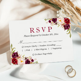 Tarjeta De Confirmación De Asistencia Burgundy Marsala Red Floral Comida Boda