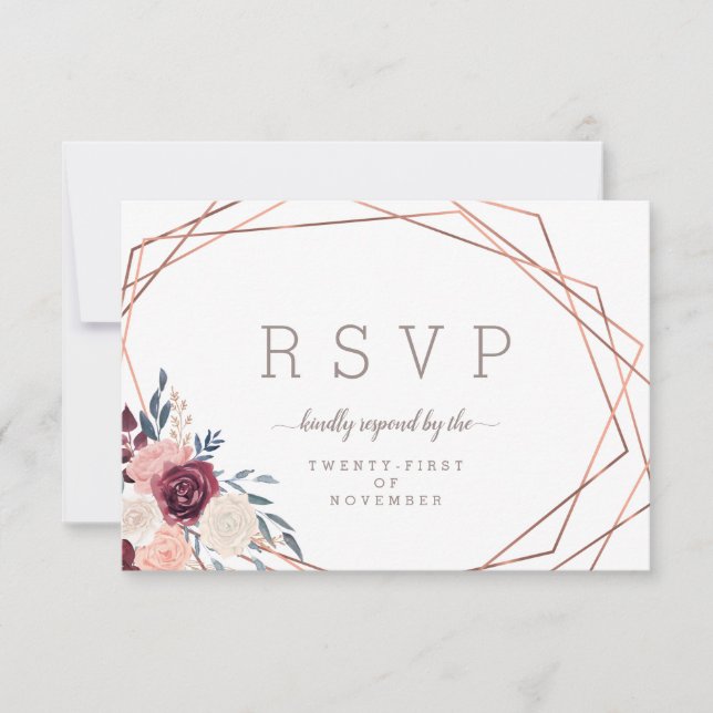 Tarjeta De Confirmación De Asistencia Burgundy Moderna Floral Geométrica Marfil Elección (Anverso)