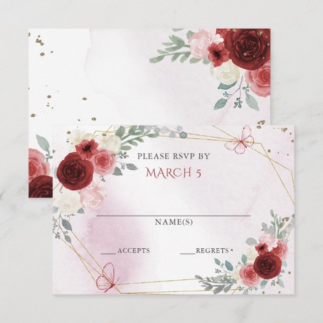 Tarjeta De Confirmación De Asistencia Burgundy oro mariposas florales Quinceanera  (Anverso / Reverso)