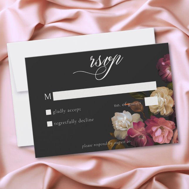 Tarjeta De Confirmación De Asistencia Burgundy & Pink Romantic Rose Black Moody Wedding (Burgundy & Pink Romantic Rose Black Moody Wedding RSVP Card)