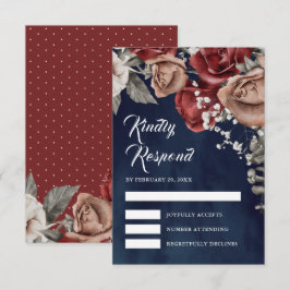 Tarjeta De Confirmación De Asistencia Burgundy Red Roses Floral Navy Blue Wedding