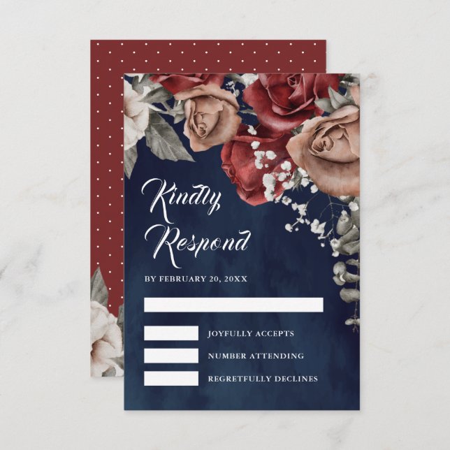 Tarjeta De Confirmación De Asistencia Burgundy Red Roses Floral Navy Blue Wedding (Anverso / Reverso)