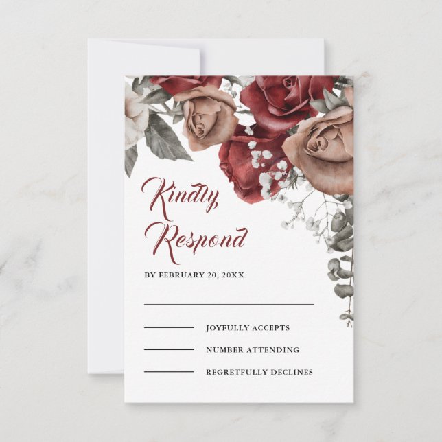 Tarjeta De Confirmación De Asistencia Burgundy Red Roses Floral Wedding (Anverso)