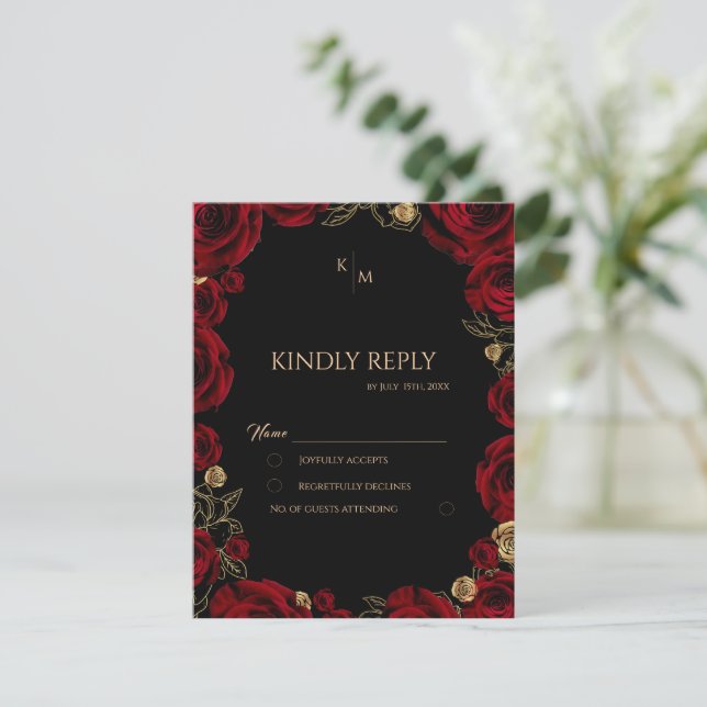 Tarjeta De Confirmación De Asistencia Burgundy Roses Boho Wedding (Anverso de pie)