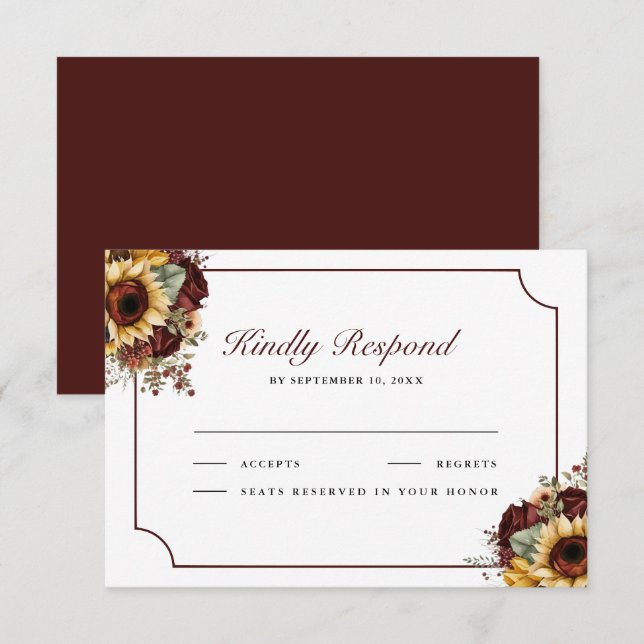 Tarjeta De Confirmación De Asistencia Burgundy Roses Sunflowers Wedding (Anverso / Reverso)