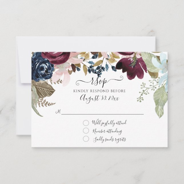 Tarjeta De Confirmación De Asistencia Burgundy Rubor Floral Navy Elegante Boda Follaje (Anverso)