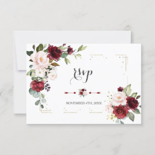 Tarjeta De Confirmación De Asistencia Burgundy Rubor Flores Purpurina oro Boda de marco