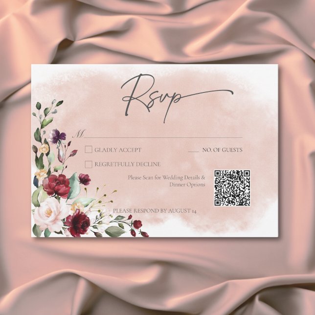 Tarjeta De Confirmación De Asistencia Burgundy ruso y Rubor Roses rosados Código QR (Rustic Burgundy & Blush Pink Roses QR Code RSVP Card)