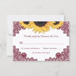 Tarjeta De Confirmación De Asistencia Burgundy Rústico Wood Lace Sunflower Boda