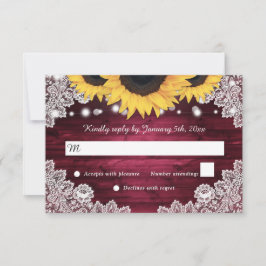Tarjeta De Confirmación De Asistencia Burgundy Rústico Wood Lace Sunflower Boda