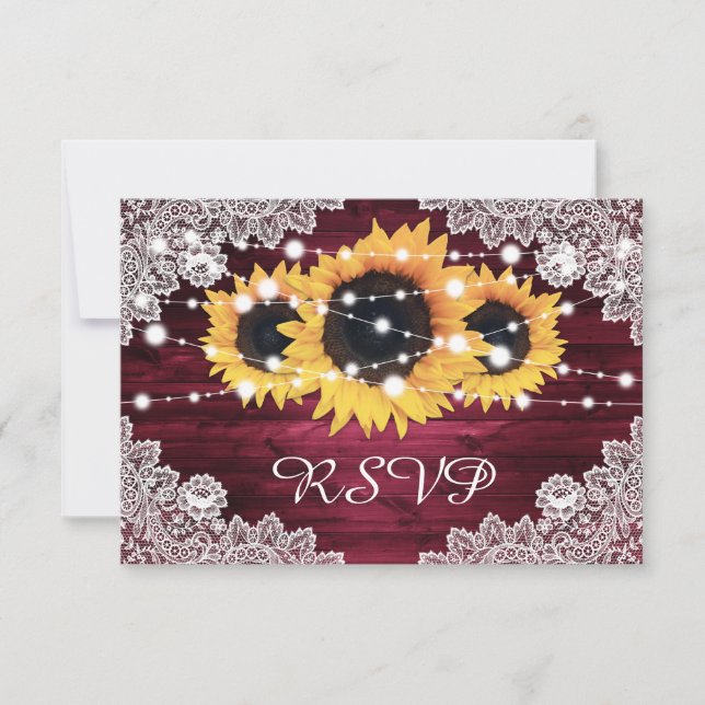 Tarjeta De Confirmación De Asistencia Burgundy Rústico Wood Lace Sunflower Boda (Anverso)