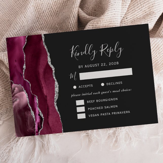 Tarjeta De Confirmación De Asistencia Burgundy Silver Agate Dark Meal Options Wedding (Subido por el creador)