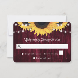 Tarjeta De Confirmación De Asistencia Burgundy Sunflower Wood String Lights Wedding