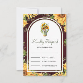 Tarjeta De Confirmación De Asistencia Burgundy Wood Sunflowers Mason Jar Arch Wedding
