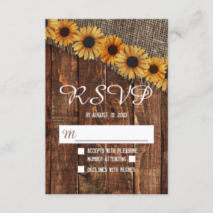 Tarjeta De Confirmación De Asistencia Burlap de madera rústica Girasol Boda de campo RSV