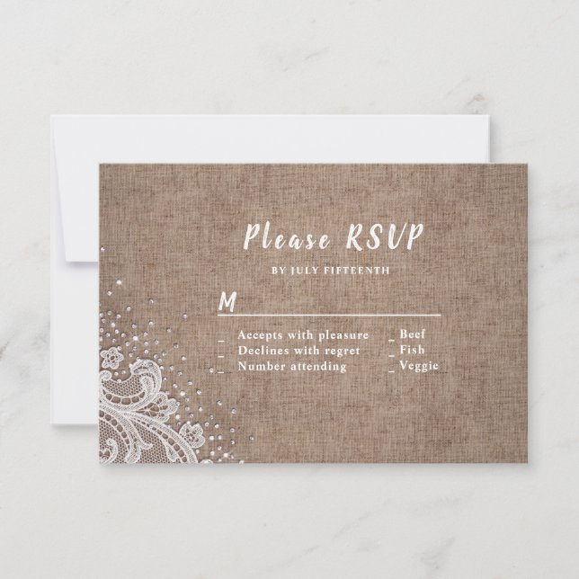 Tarjeta De Confirmación De Asistencia Burlap Lace purpurina plata matrimonio rústico RSV (Anverso)