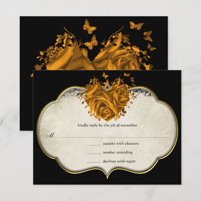 Tarjeta De Confirmación De Asistencia Butterfly Metallic Gold Heart Tan Faux Parchment (Anverso / Reverso)
