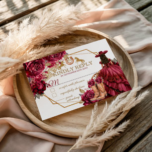 Tarjeta De Confirmación De Asistencia Caballo Charra Quinceañera Burgundy Gold