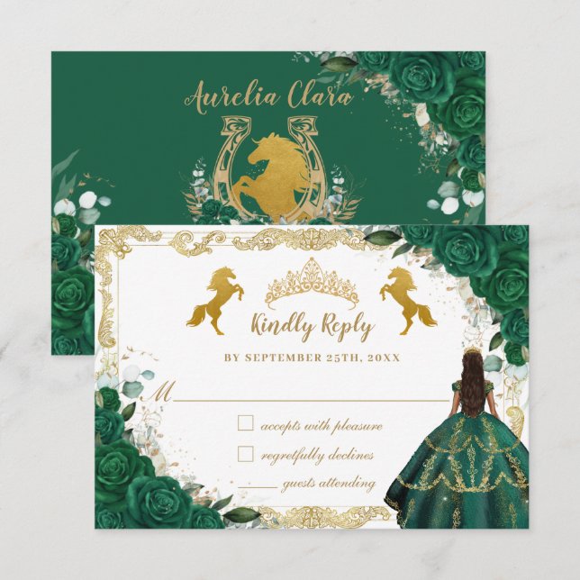 Tarjeta De Confirmación De Asistencia Caballo de oro de Quinceañera verde esmeralda (Anverso / Reverso)