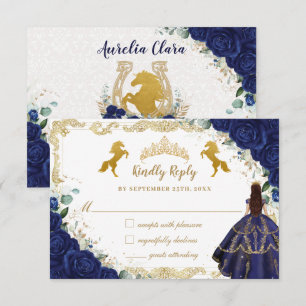 Tarjeta De Confirmación De Asistencia Caballos de oro Royal Blue Floral Quinceañera Char