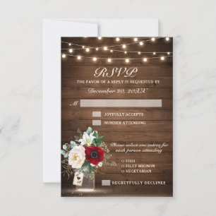 Tarjeta De Confirmación De Asistencia Cadena de madera rústica ilumina a Boda floral de