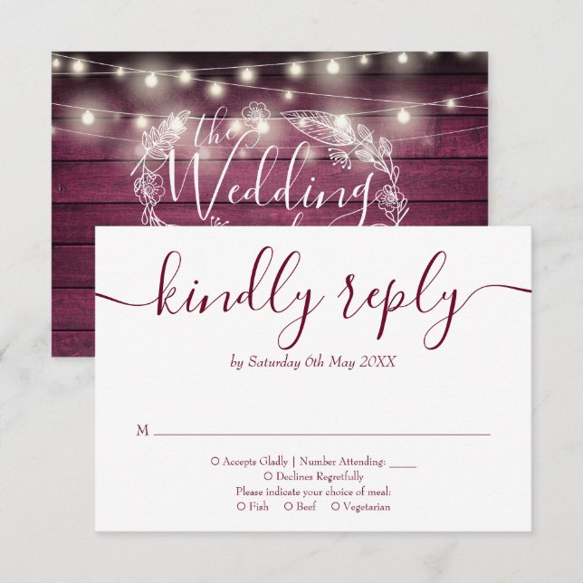 Tarjeta De Confirmación De Asistencia Cadena Rustica De Madera Roja Enciende Guión Flora (Anverso / Reverso)